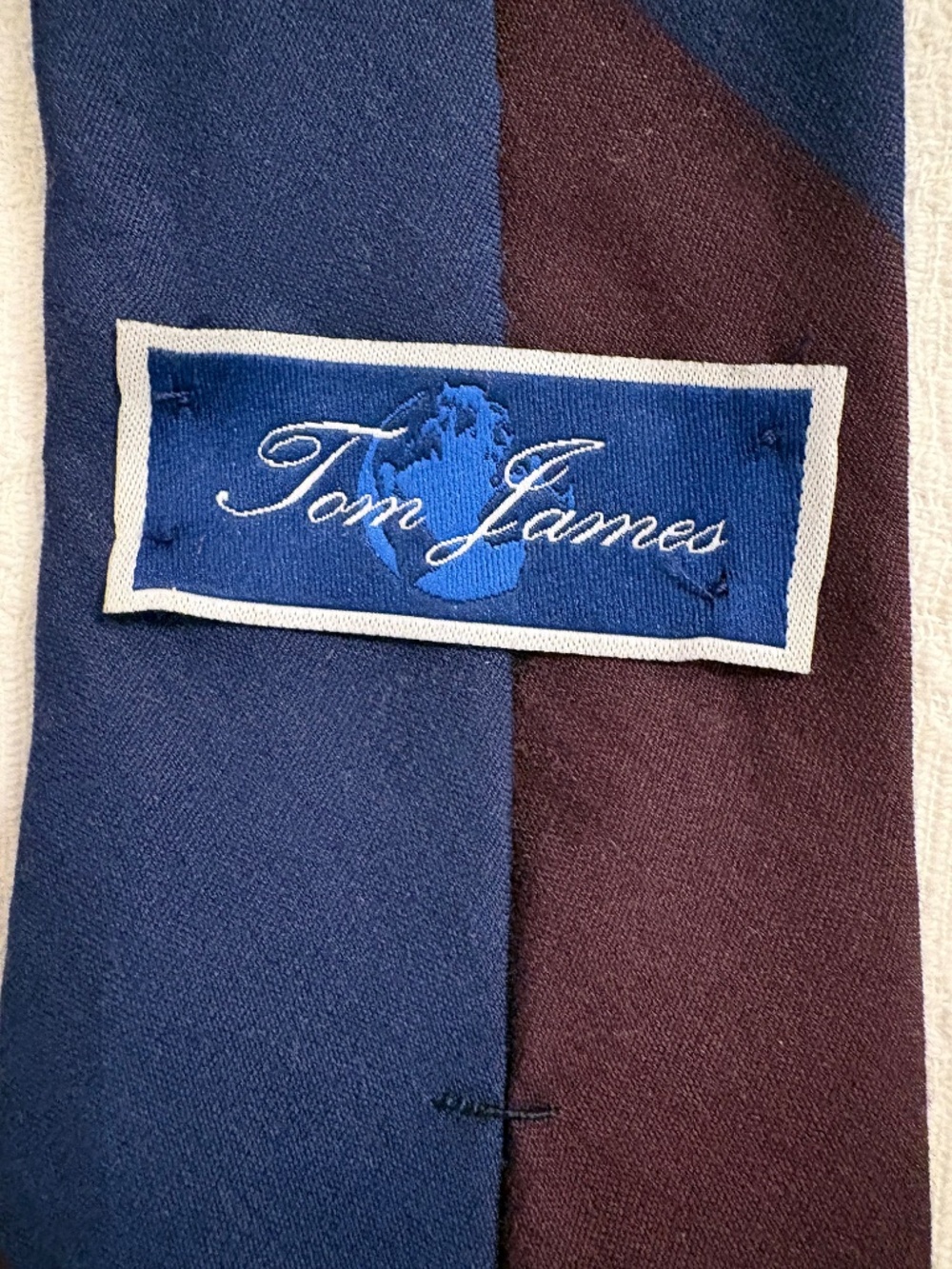 Tom James Silk Wool Blend Striped Necktie Navy Blue Burgundy